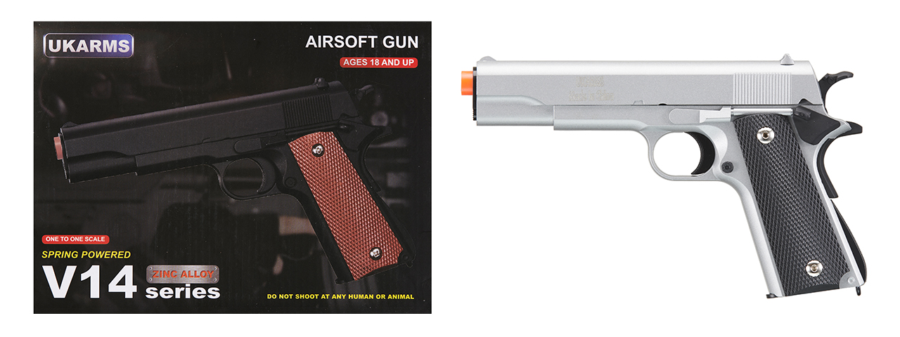 UK Arms Full Size 1911 Alloy Series Spring Airsoft Pistol (Color: Silver) - Click Image to Close