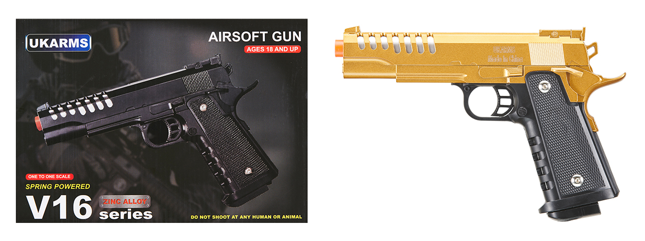 UK Arms 2011 Alloy Series Spring Airsoft Pistol w/ Vented Slide (Color: Gold) - Click Image to Close