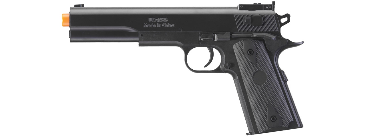 UK Arms M1911 Spring Powered Airsoft Pistol w/ Metal Flitch and Tube (Color: Black) - Click Image to Close