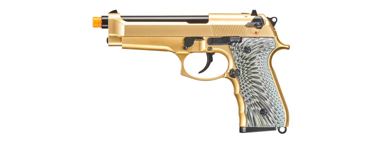 WE-Tech New System M92 Eagle Full Auto Airsoft Gas Blowback Pistol (Color: Gold) - Click Image to Close