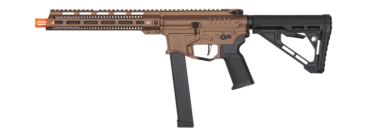 Zion Arms R&D Precision Licensed PW9 Mod 1 Long Rail Airsoft Rifle with Delta Stock (Color: Bronze) - Click Image to Close