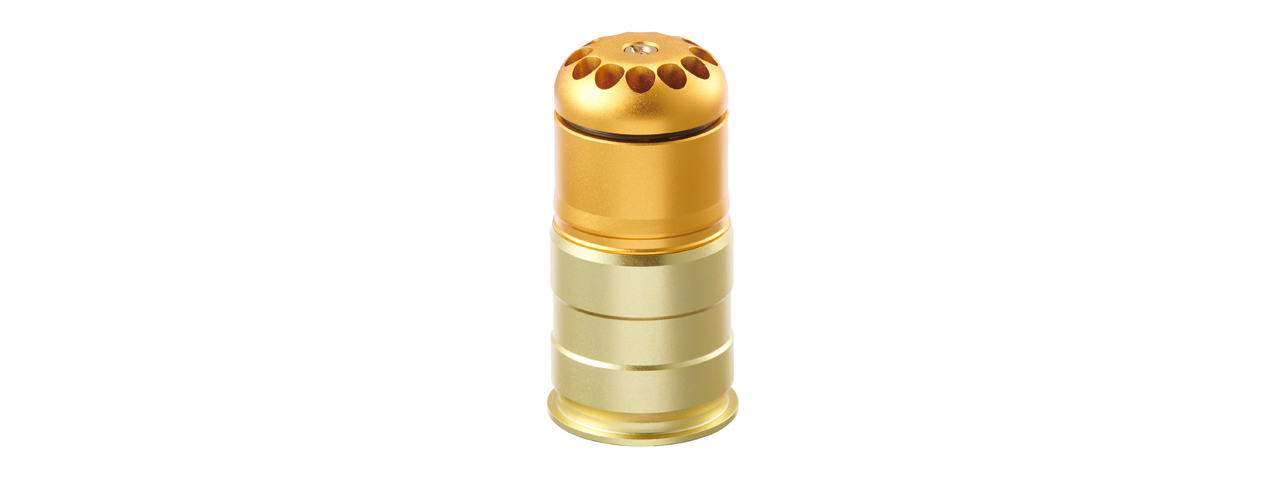 Lancer Tactical 96 Round CNC Aluminum Airsoft 40mm Green Gas Grenade Shell (Color: Gold / Green) - Click Image to Close