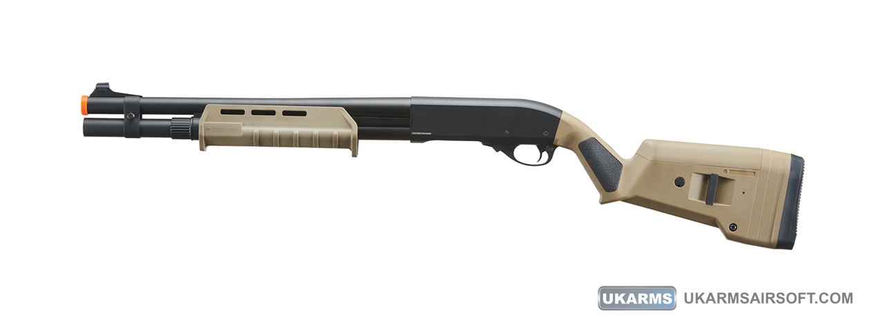 Golden Eagle Airsoft M870 MP M-LOK Style 3/6-Shot Pump Action Gas Shotgun - Tan - Click Image to Close