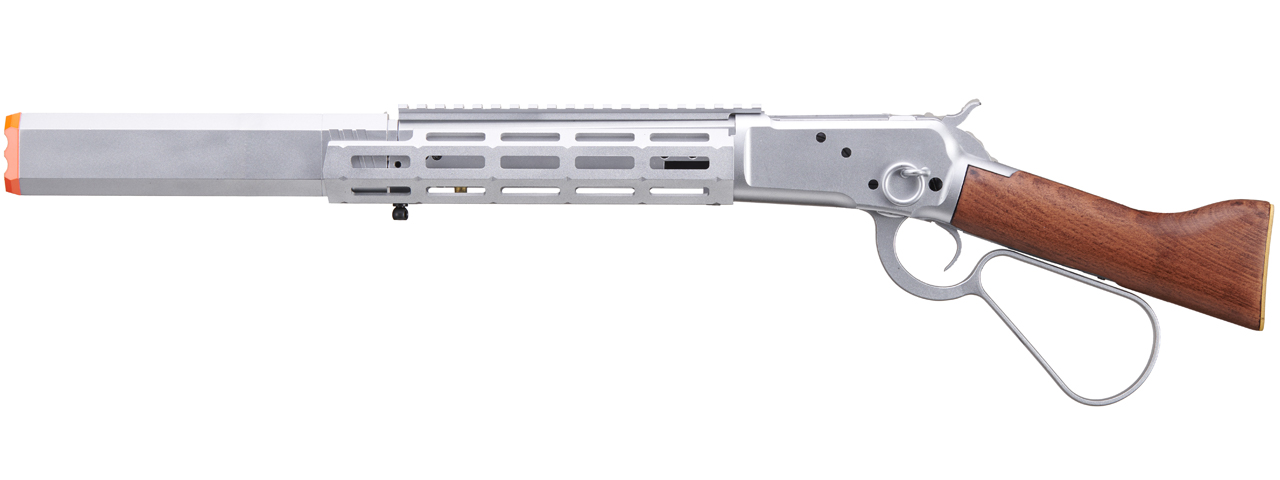 Atlas Custom Works M1873 "Mares Leg" Lever Action Airsoft Green Gas Rifle w/ M-LOK Rail and Suppressor (Color: Silver) - Click Image to Close
