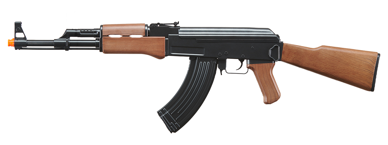 GOLDEN BALL ABS PLASTIC AK47 AEG AIRSOFT RIFLE - (BLACK/FAUX WOOD) - Click Image to Close