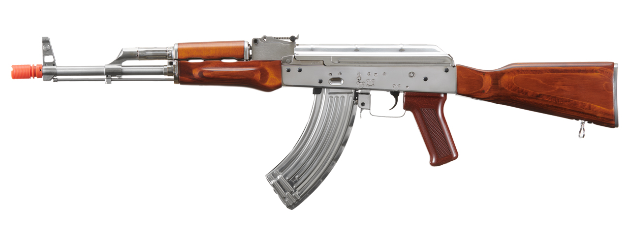LCT AKM Stamped Steel Airsoft AEG Rifle w/ Full Stock (Color: Silver & Wood) - Click Image to Close