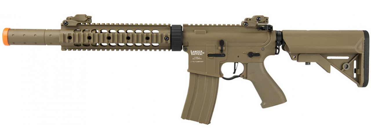 Lancer Tactical Low FPS Gen 2 10" M4 SD Carbine Airsoft AEG Rifle with Mock Suppressor (Tan)(No Battery and Charger) - Click Image to Close