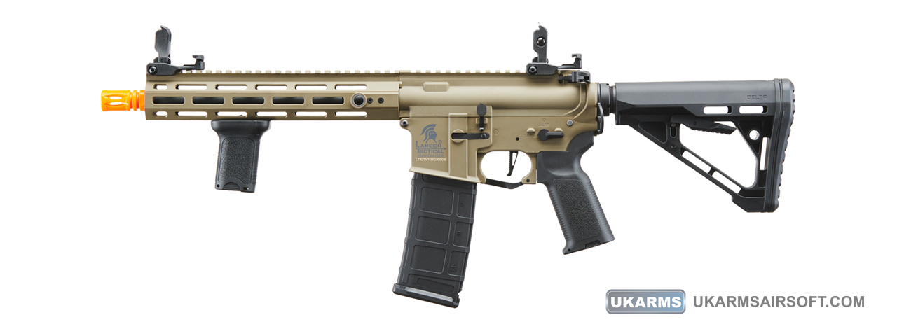 Lancer Tactical Gen 3 Hellion M-LOK 10" Airsoft M4 AEG with Delta Stock (Color: Tan) - Click Image to Close