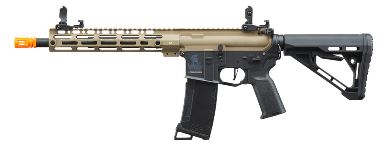 Lancer Tactical Gen 3 M-LOK 10" Airsoft M4 AEG with Delta Stock (Color: FDE Upper Receiver & Black Lower) - Click Image to Close