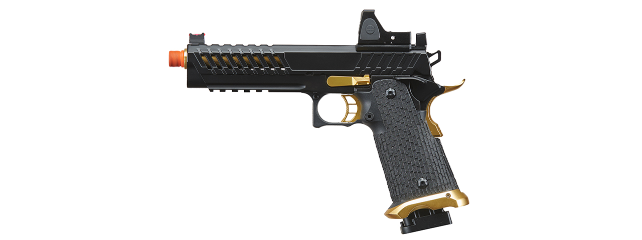 Lancer Tactical Knightshade Hi-Capa Gas Blowback Airsoft Pistol w/ Reflex Red Dot Sight (Color: Black & Gold) - Click Image to Close