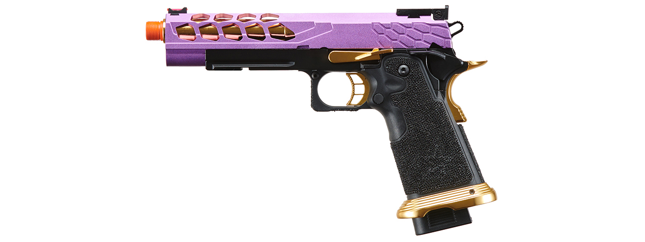 Lancer Tactical Stryk Hi-Capa 5.1 Gas Blowback Airsoft Pistol (Color: Black, Purple & Gold) - Click Image to Close