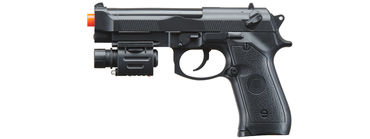 P2218C SPRING PISTOL (BK) w/ LASER, SUPPRESSOR - Click Image to Close