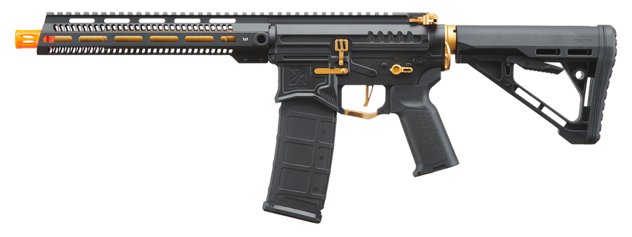 Zion Arms R15 Mod 1 Long Rail Airsoft Rifle with Delta Stock (Color: Black/Gold) - Click Image to Close