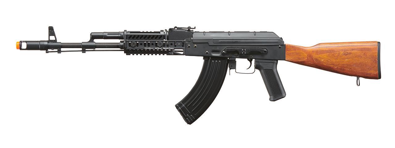 Lancer Tactical AK-Series AK-74M AEG Airsoft Rifle w/ Flash Hider ACW-272 Gas Tube Cover, ACW-273 Handguard, Wood Stock & SG-11B Mag - (Black) - Click Image to Close