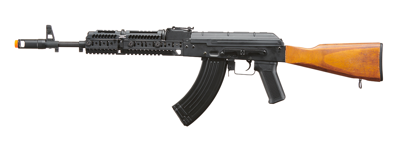 Lancer Tactical AK-Series AK-74M AEG Airsoft Rifle w/ Flash Hider, ACW-278 Gas Tube Cover, ACW-279 Handguard, Wood Stock & SG-11B Mag - (Black) - Click Image to Close