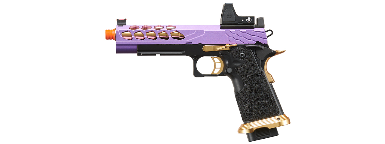 Lancer Tactical Stryk Hi-Capa 5.1 Gas Blowback Airsoft Pistol w/ Reflex Red Dot Sight - (Purple & Gold) - Click Image to Close