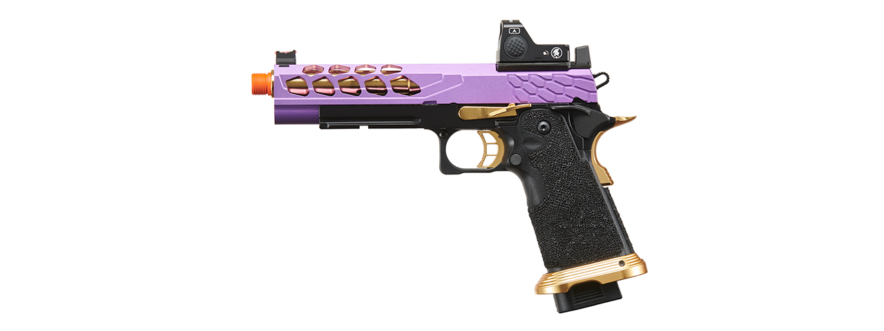 Lancer Tactical Stryk Hi-Capa 5.1 Gas Blowback Airsoft Pistol w/ Red Dot Sight - (Purple & Gold) - Click Image to Close