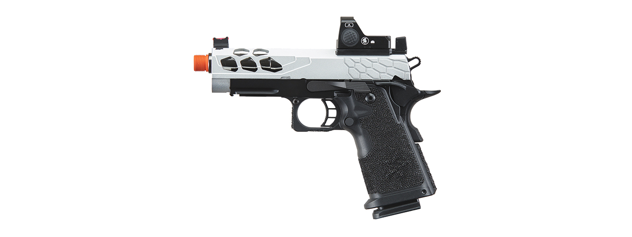 Lancer Tactical Stryk Hi-Capa 4.3 Gas Blowback Airsoft Pistol w/ Red Dot Sight (Black & Silver) - Click Image to Close