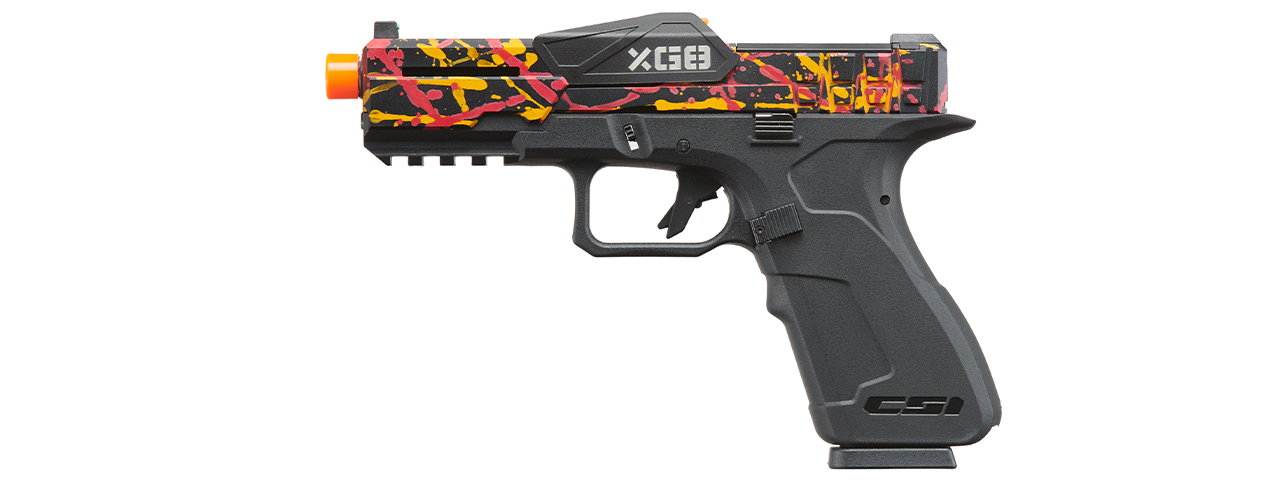 Poseidon CSI XG8 Gas Blow Back Aluminum Pistol - (Red/Orange/Black Splash Anodized) - Click Image to Close