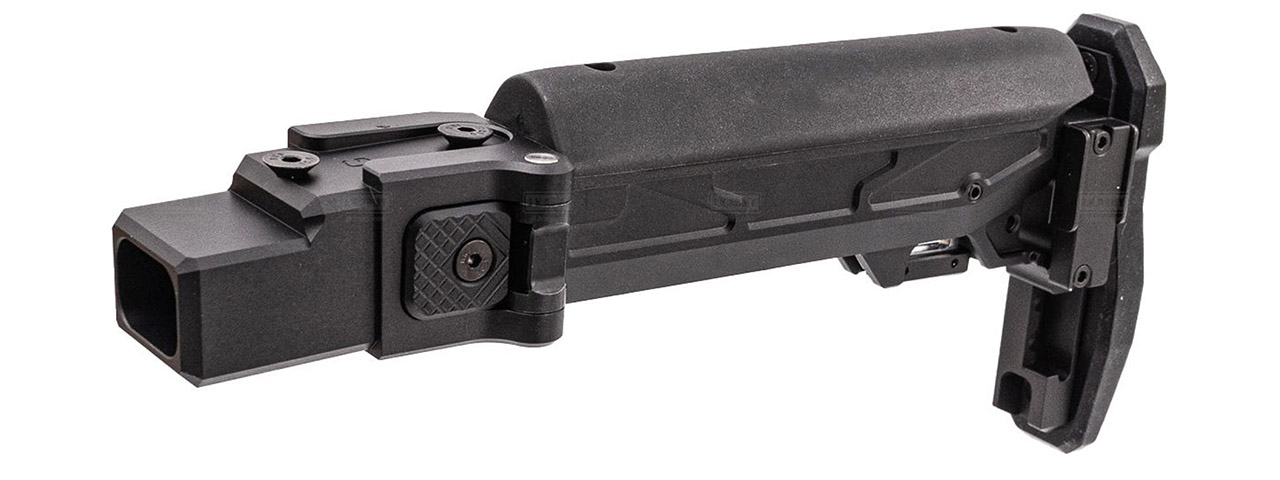 Atlas Custom Works Adjustable Telescopic Folding Stock w/ 4 Position Cheek Riser for GHK AKM V3 GBBR Airsoft Rifles - (Black) - Click Image to Close