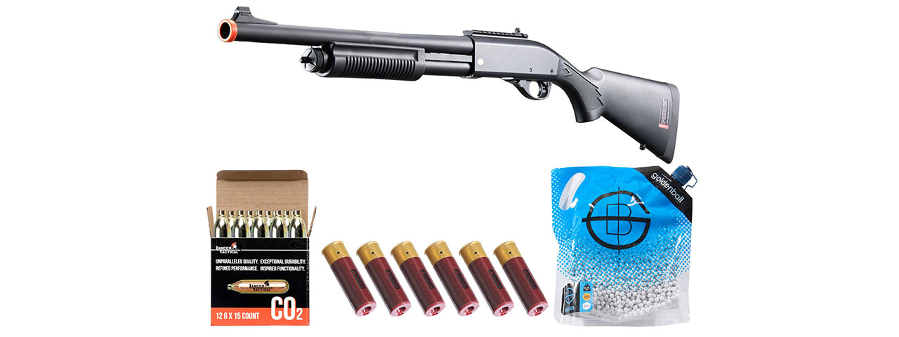 Golden Eagle M8870 3/6-Shot Pump Action CO2 Airsoft Shotgun w/ Ghost Ring Iron Sights - Shell/CO2 Combo - (Black) - Click Image to Close