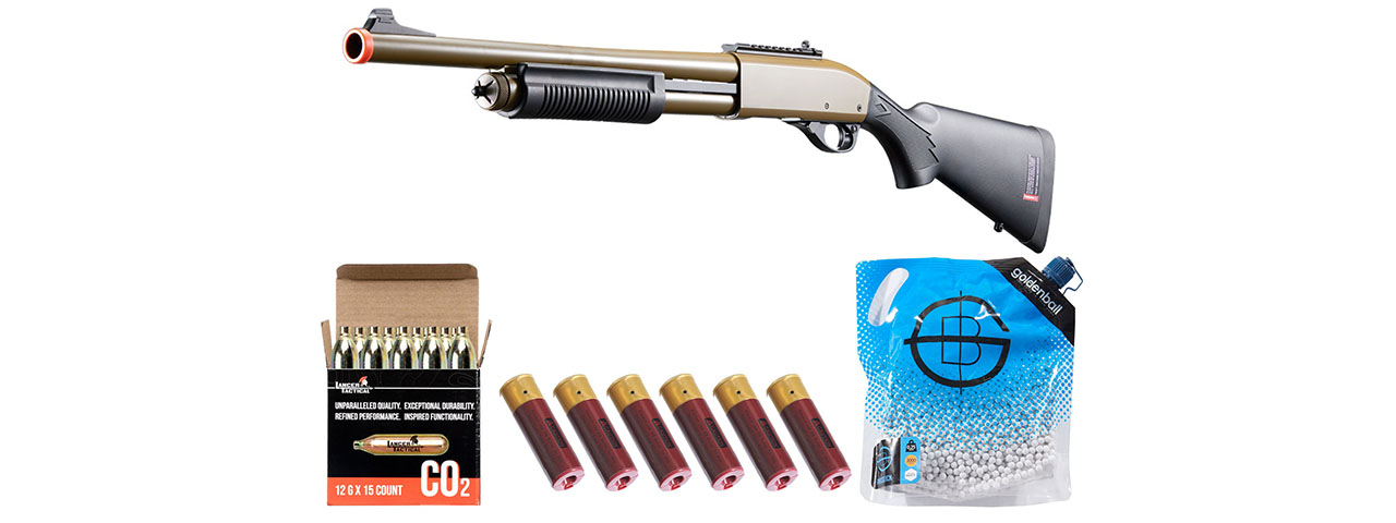 Golden Eagle M8870 3/6-Shot Pump Action CO2 Airsoft Shotgun w/ Ghost Ring Iron Sights - Shell/CO2 Combo - (Tan) - Click Image to Close