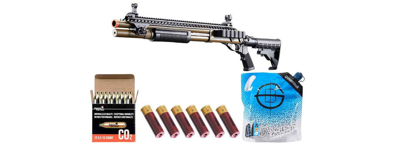 Golden Eagle M8874 3/6-Shot Pump Action CO2 Airsoft Shotgun w/ Flip Up Sights, Picatinny Rail & M4 Crane Stock - Shell/CO2 Combo - (Tan) - Click Image to Close