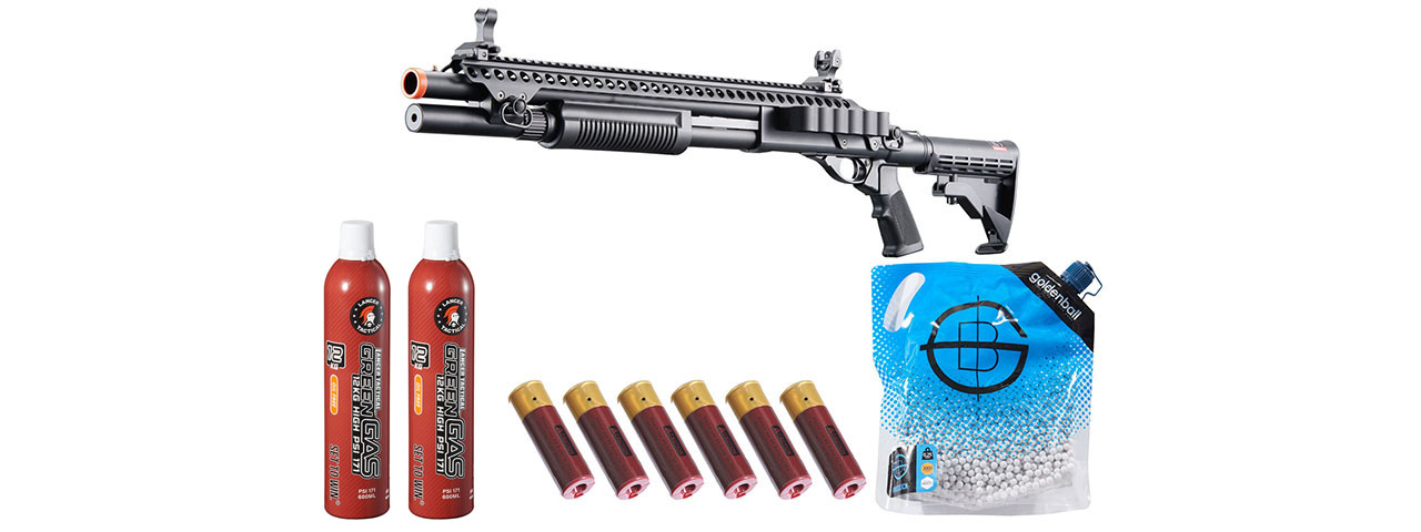 Golden Eagle M8874 3/6-Shot Pump Action Gas Airsoft Shotgun w/ Flip Up Sights, Picatinny Rail & M4 Crane Stock - Shell/Green Gas Combo - (Black) - Click Image to Close