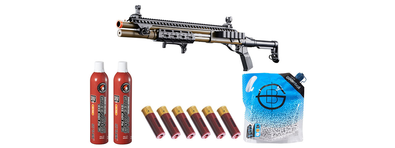 Golden Eagle M8875 3/6-Shot Pump Action Gas Airsoft Shotgun w/ Flip Up Sights, M-LOK, Picatinny Rail & M4 Buffer Stock - Shell/Green Gas Combo - (Tan) - Click Image to Close