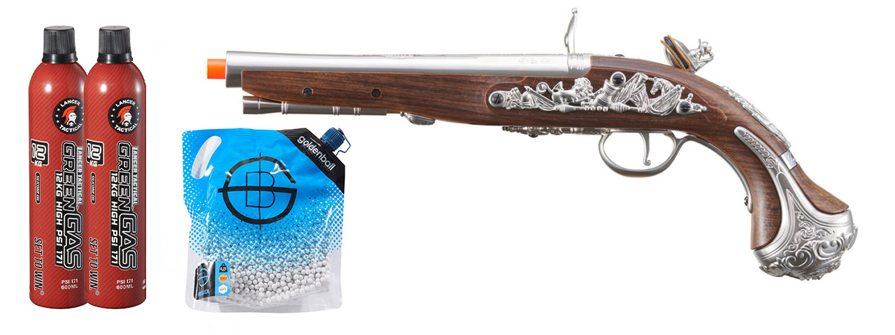 HFC George Washington Flintlock Airsoft Green Gas Powered Pistol - Green Gas Combo - (Silver) - Click Image to Close