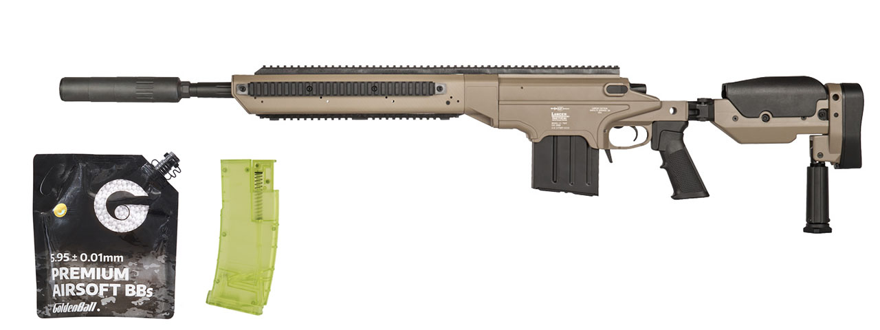 Lancer Tactical Bolt Action Sniper Rifle w/ Folding Stock (Desert Earth) - BB/Sniper Bundle - Click Image to Close