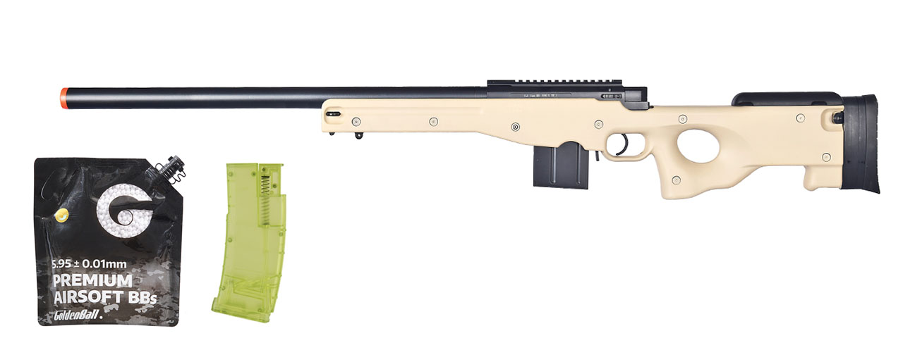 Well Airsoft L96 AWS Bolt Action Rifle Metal Barrel Optics Rail - (Tan) - BB/Sniper Bundle - Click Image to Close