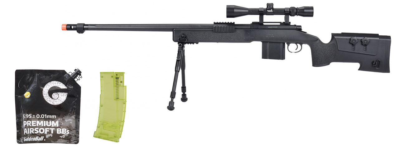 WellFire MB4416 M40A3 Bolt Action Sniper Rifle w/ Scope & Bipod - (Black) - BB/Sniper Bundle - Click Image to Close
