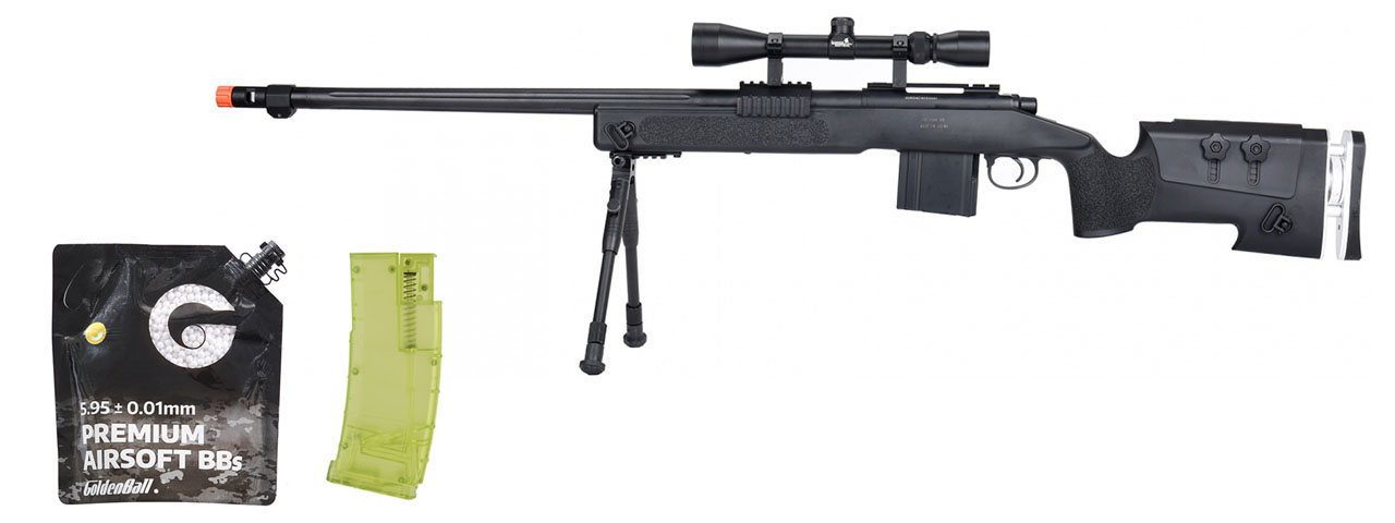 WellFire MB4417 M40A3 Bolt Action Airsoft Sniper Rifle w/ Scope & Bipod - (Black) - BB/Sniper Bundle - Click Image to Close