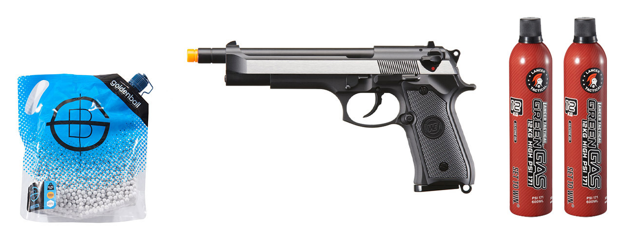 WE-Tech M92 Gas Blowback Airsoft Pistol - (2-Tone) Green Gas Combo - Click Image to Close