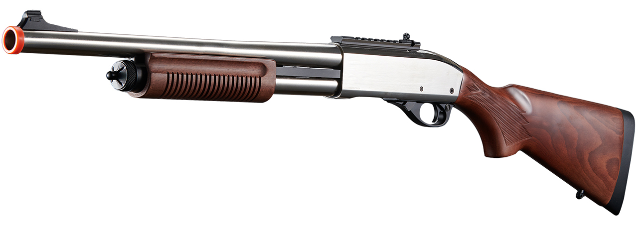 Golden Eagle M8870 3/6-Shot Pump Action Gas Airsoft Shotgun w/ Ghost Ring Iron Sights - (Silver/Wood) - Click Image to Close