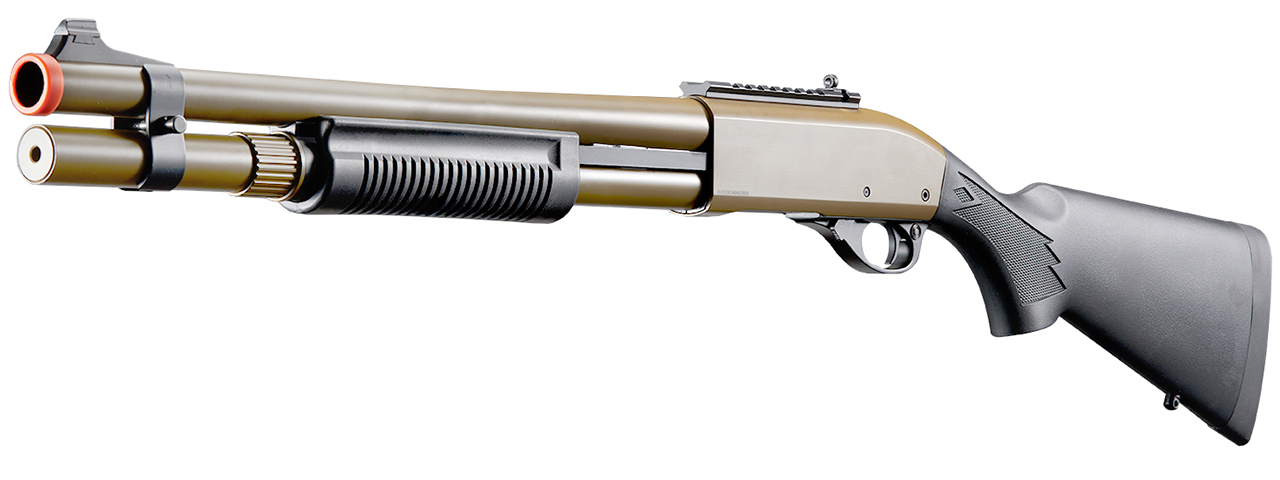 Golden Eagle M870 3/6-Shot Pump Action CO2 Airsoft Shotgun w/ Mock Shell Tube & Ghost Ring Iron Sights - (Tan) - Click Image to Close