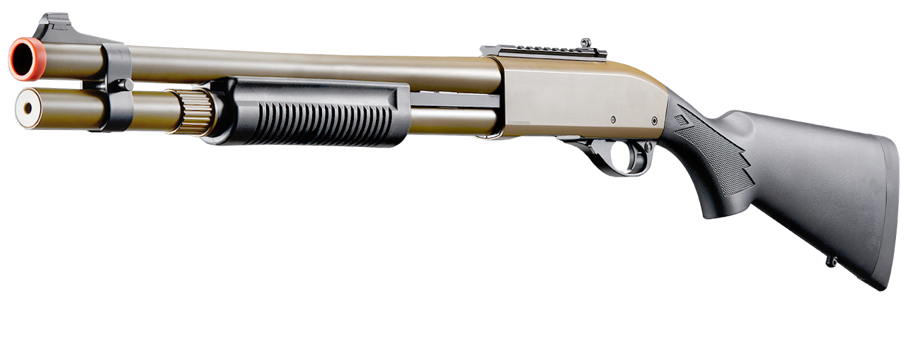 Golden Eagle M870 3/6-Shot Pump Action Gas Airsoft Shotgun w/ Mock Shell Tube & Ghost Ring Iron Sights - (Tan) - Click Image to Close