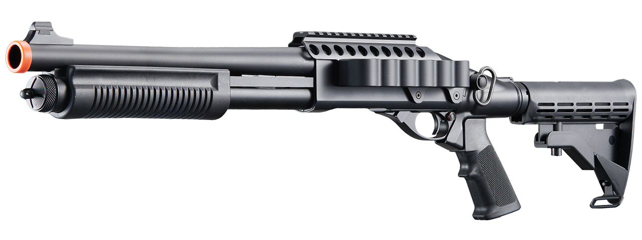 Golden Eagle M8873 3/6-Shot Pump Action Gas Airsoft Shotgun w/ Optic Rail & M4 Crane Stock - (Black) - Click Image to Close