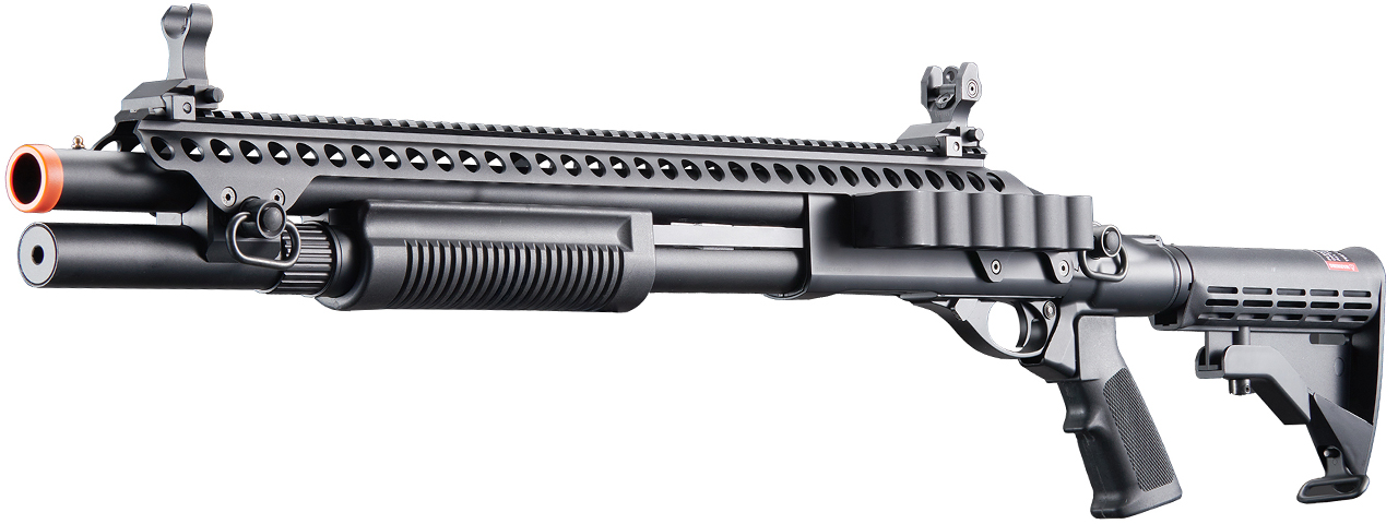 Golden Eagle M8874 3/6-Shot Pump Action CO2 Airsoft Shotgun w/ Flip Up Sights, Picatinny Rail & M4 Crane Stock - (Black) - Click Image to Close