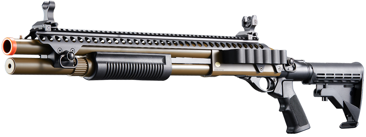 Golden Eagle M8874 3/6-Shot Pump Action CO2 Airsoft Shotgun w/ Flip Up Sights, Picatinny Rail & M4 Crane Stock - (Tan) - Click Image to Close