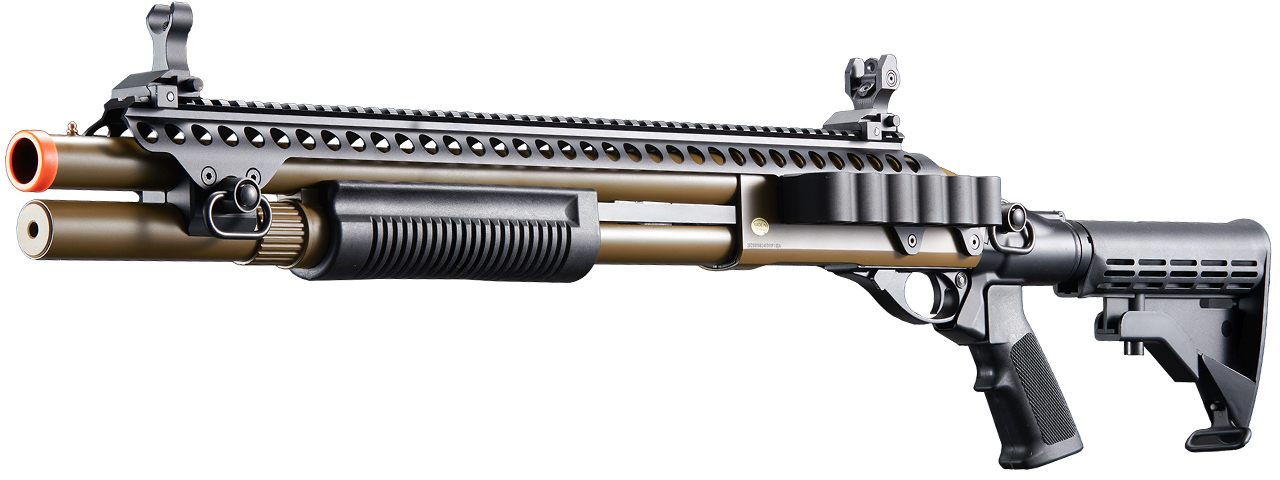 Golden Eagle M8874 3/6-Shot Pump Action Gas Airsoft Shotgun w/ Flip Up Sights, Picatinny Rail & M4 Crane Stock - (Tan) - Click Image to Close