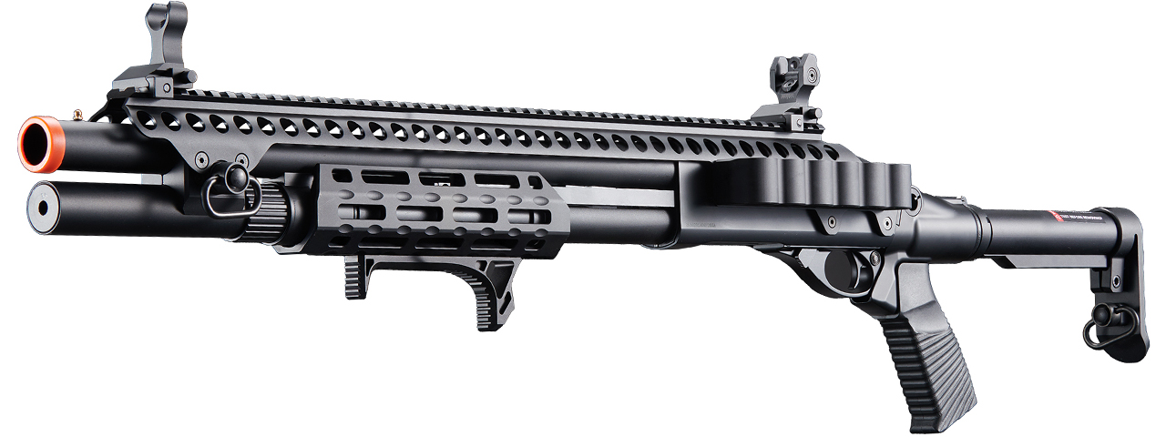 Golden Eagle M8875 3/6-Shot Pump Action CO2 Airsoft Shotgun w/ Flip Up Sights, M-LOK, Picatinny Rail & M4 Buffer Stock - (Black) - Click Image to Close