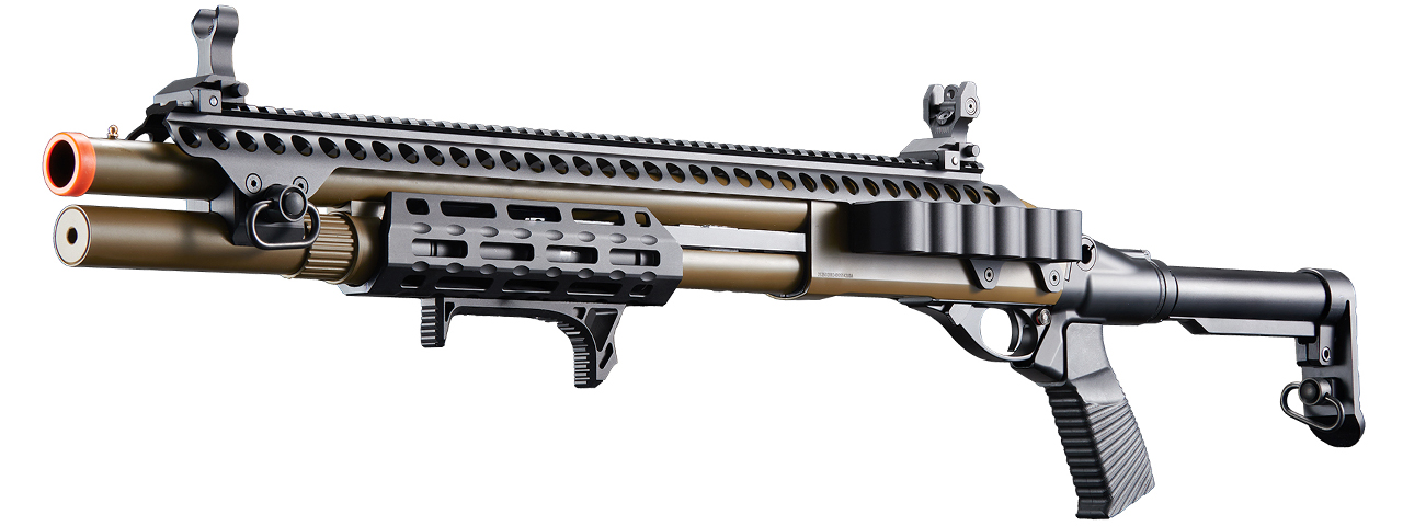 Golden Eagle M8875 3/6-Shot Pump Action CO2 Airsoft Shotgun w/ Flip Up Sights, M-LOK, Picatinny Rail & M4 Buffer Stock - (Tan) - Click Image to Close