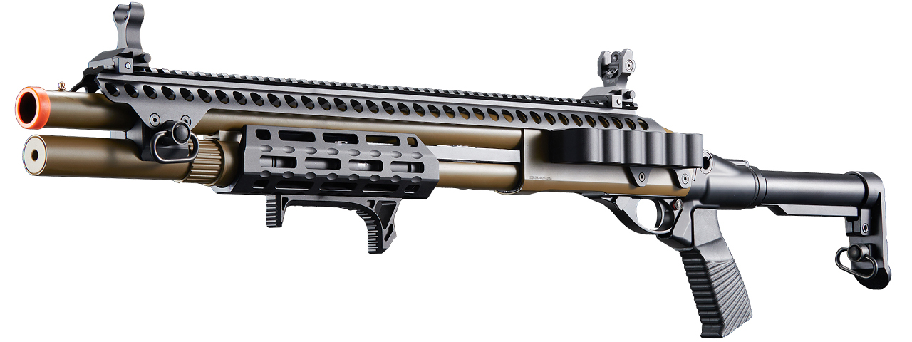 Golden Eagle M8875 3/6-Shot Pump Action Gas Airsoft Shotgun w/ Flip Up Sights, M-LOK, Picatinny Rail & M4 Buffer Stock - (Tan) - Click Image to Close