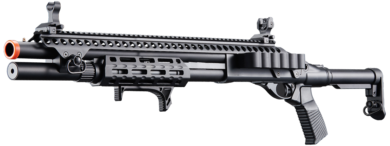 Golden Eagle M8875 3/6-Shot Pump Action Gas Airsoft Shotgun w/ Flip Up Sights, M-LOK, Picatinny Rail & M4 Buffer Stock - (Black) - Click Image to Close