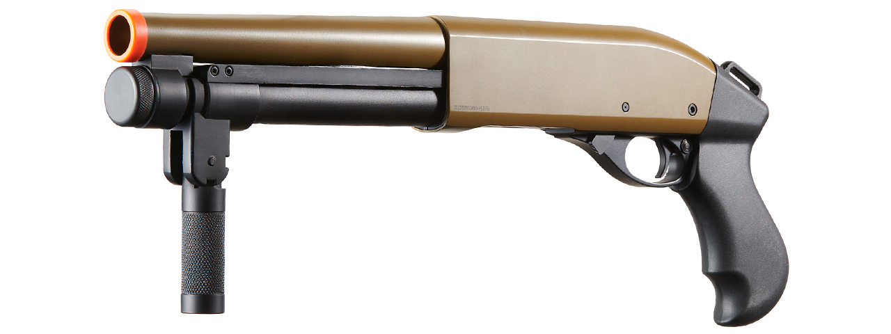 Golden Eagle M8876 3/6-Shot Pump Action Gas Airsoft Sawed-Off Shotgun w/ Forend Handle - (Tan) - Click Image to Close