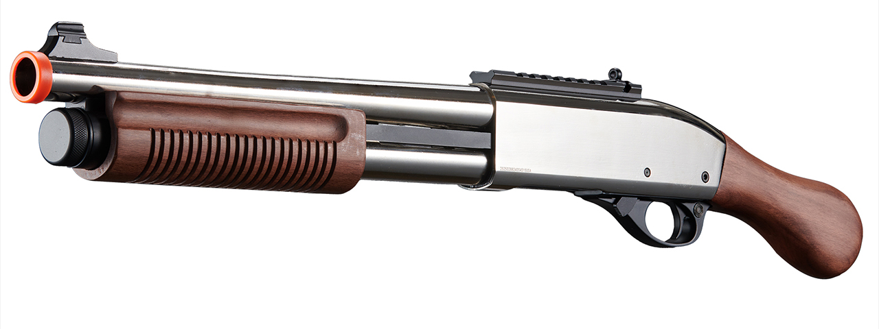 Golden Eagle M8877 3/6-Shot Pump Action Gas Airsoft Sawed-Off Shotgun - (Silver/Wood) - Click Image to Close