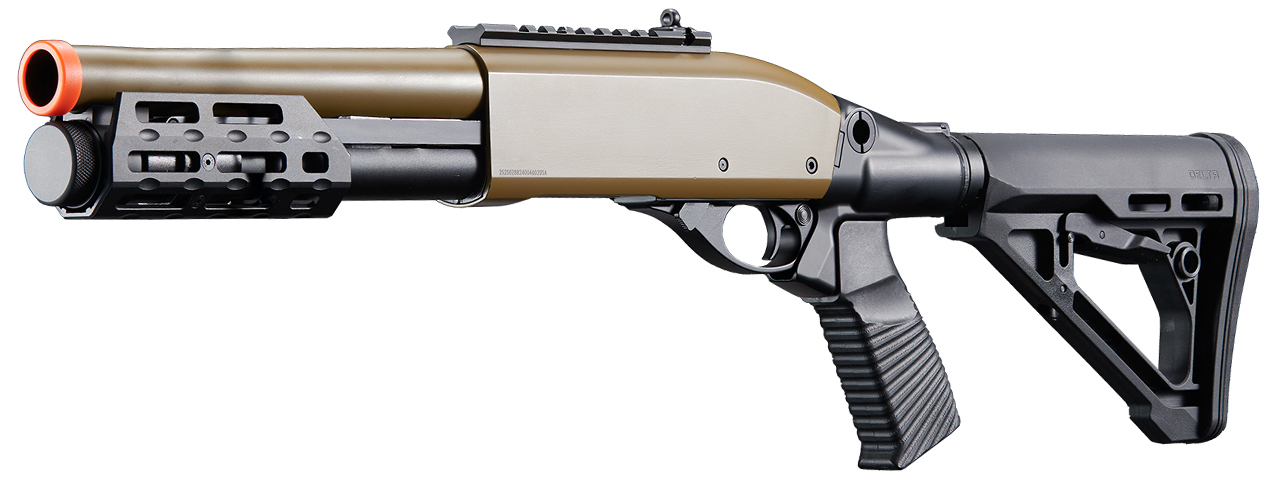 Golden Eagle M8878 3/6-Shot Pump Action Gas Airsoft Sawed-Off Shotgun w/ M-LOK Forend & Delta Stock - (Tan) - Click Image to Close