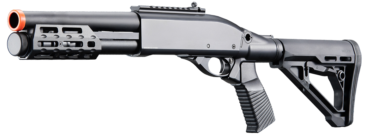 Golden Eagle M8878 3/6-Shot Pump Action Gas Airsoft Sawed-Off Shotgun w/ M-LOK Forend & Delta Stock - (Black) - Click Image to Close